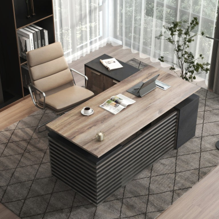 English Elm M2511 Electric L-Shaped Standing Desk with Seven Drawers and Aluminum Bezel Frame W881S00270