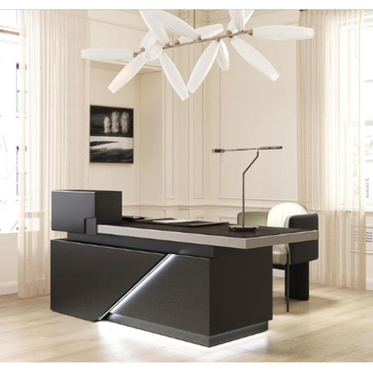 English Elm X8802 L-Shaped Executive Desk with LED Lighting Cable Management Geometric Frame W881S00275