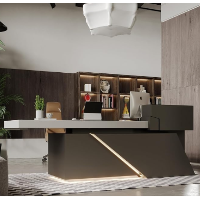 English Elm X8802 L-Shaped Executive Desk with LED Lighting Cable Management Geometric Frame W881S00275