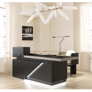 English Elm X8802 L-Shaped Executive Desk with LED Lighting and Built-In Cable Management W881S00276