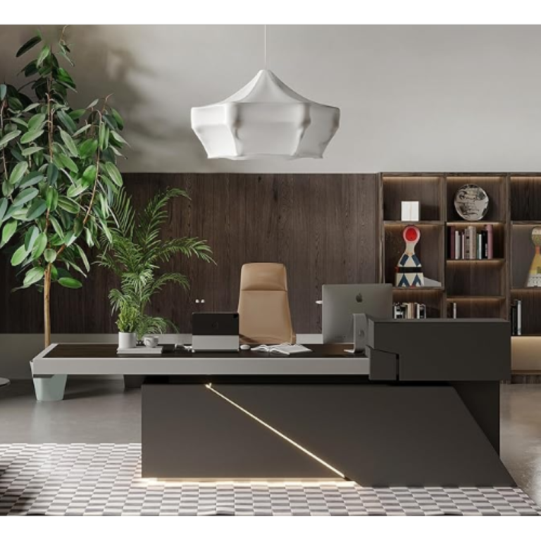 English Elm X8802 L-Shaped Executive Desk with LED Lighting and Built-In Cable Management W881S00276