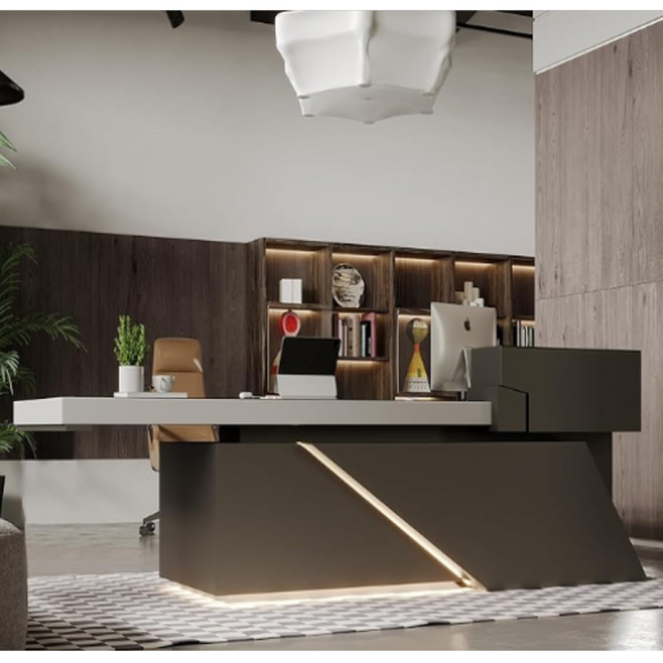 English Elm X8802 L-Shaped Executive Desk with LED Lighting and Built-In Cable Management W881S00276