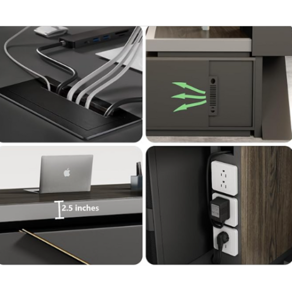 English Elm X8802 L-Shaped Executive Desk with LED Lighting and Built-In Cable Management W881S00276