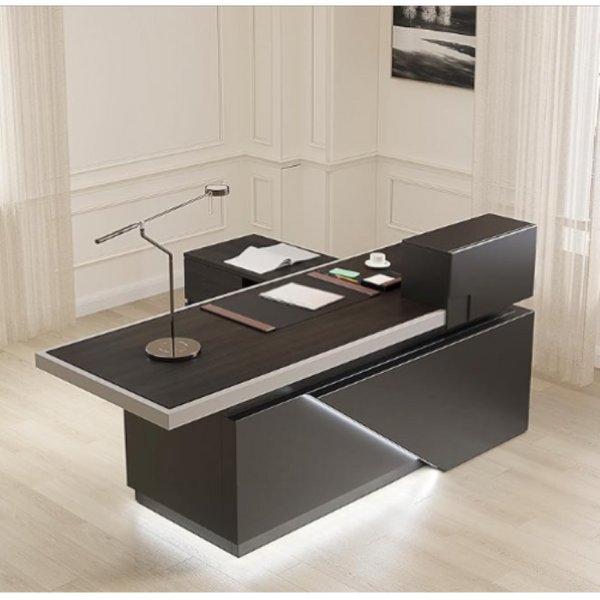 English Elm X8802 L-Shaped Executive Desk with LED Lighting and Built-In Cable Management W881S00276