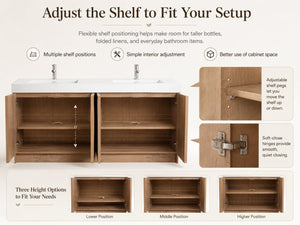 English Elm 72 Inch Freestanding Bathroom Vanity Oak Finish Plywood Build with Soft Close Doors W999P447666