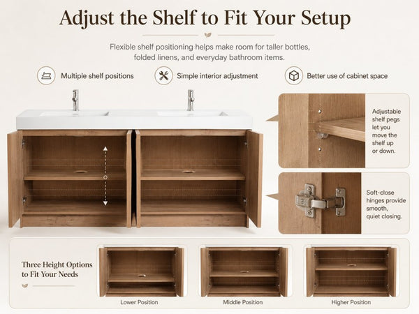 English Elm 72 Inch Freestanding Bathroom Vanity Oak Finish Plywood Build with Soft Close Doors W999P447666