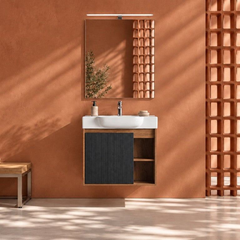 English Elm 24 Inch Floating Wall Mounted Vanity with Ceramic Sink and Soft Close Cabinet Door Brown Ebony W999P556326
