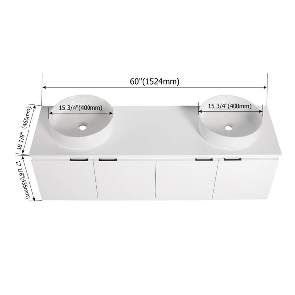 English Elm 48 Inch Floating Bathroom Vanity with Ceramic Sinks Soft Close Doors Modern Bath 60 inches - A W999S00244