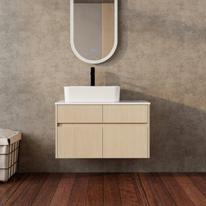 English Elm 32 Inch Floating Bathroom Vanity with Hand-Painted Ceramic Basin and Soft Close Storage White Oak W999S00453