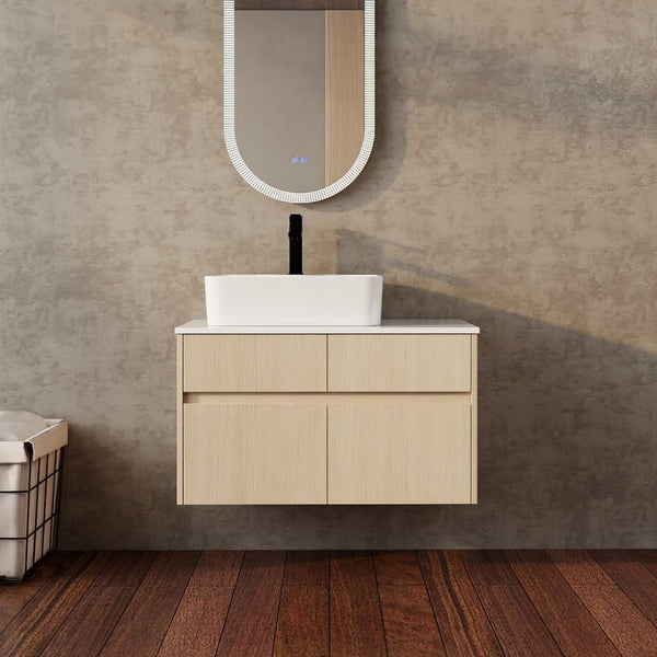 English Elm 32 Inch Floating Bathroom Vanity with Hand-Painted Ceramic Basin and Soft Close Storage White Oak W999S00453