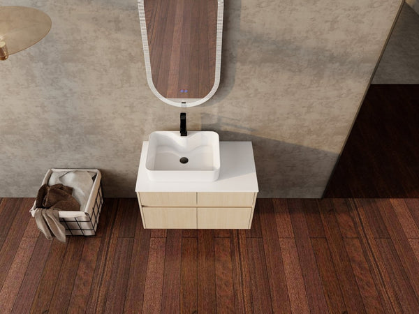 English Elm 32 Inch Floating Bathroom Vanity with Hand-Painted Ceramic Basin and Soft Close Storage White Oak W999S00453