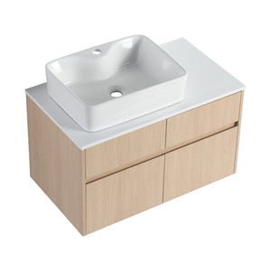 English Elm 32 Inch Floating Bathroom Vanity with Hand-Painted Ceramic Basin and Soft Close Storage White Oak W999S00453