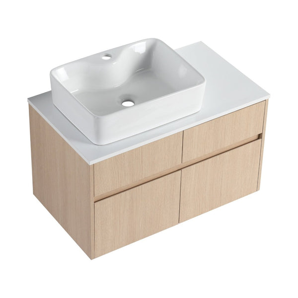 English Elm 32 Inch Floating Bathroom Vanity with Hand-Painted Ceramic Basin and Soft Close Storage White Oak W999S00453