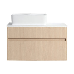 English Elm 32 Inch Floating Bathroom Vanity with Hand-Painted Ceramic Basin and Soft Close Storage White Oak W999S00453