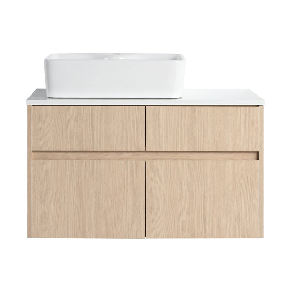 English Elm 32 Inch Floating Bathroom Vanity with Hand-Painted Ceramic Basin and Soft Close Storage White Oak W999S00453
