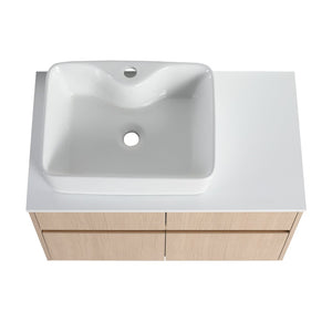 English Elm 32 Inch Floating Bathroom Vanity with Hand-Painted Ceramic Basin and Soft Close Storage White Oak W999S00453