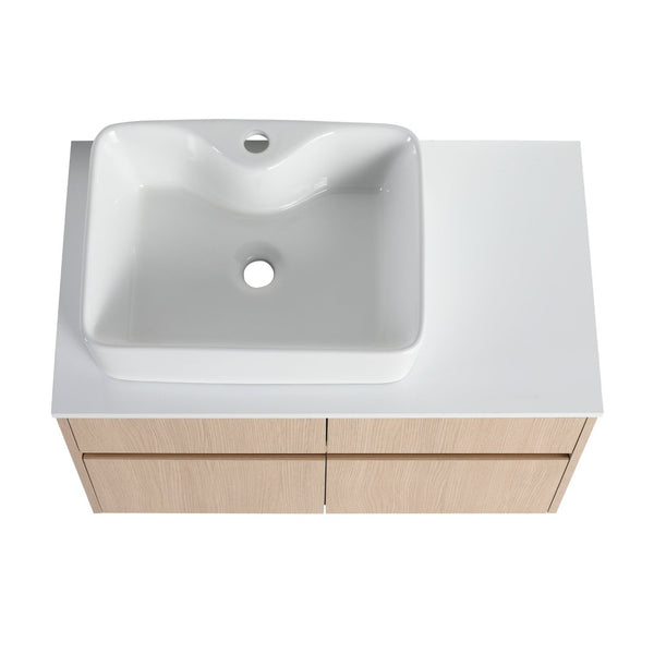 English Elm 32 Inch Floating Bathroom Vanity with Hand-Painted Ceramic Basin and Soft Close Storage White Oak W999S00453