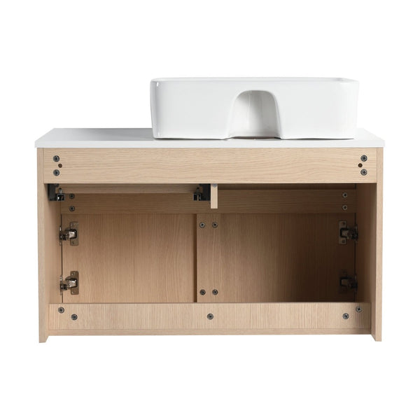English Elm 32 Inch Floating Bathroom Vanity with Hand-Painted Ceramic Basin and Soft Close Storage White Oak W999S00453