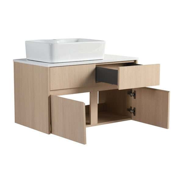 English Elm 32 Inch Floating Bathroom Vanity with Hand-Painted Ceramic Basin and Soft Close Storage White Oak W999S00453