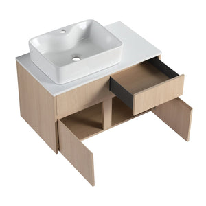 English Elm 32 Inch Floating Bathroom Vanity with Hand-Painted Ceramic Basin and Soft Close Storage White Oak W999S00453