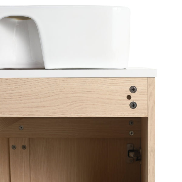 English Elm 32 Inch Floating Bathroom Vanity with Hand-Painted Ceramic Basin and Soft Close Storage White Oak W999S00453