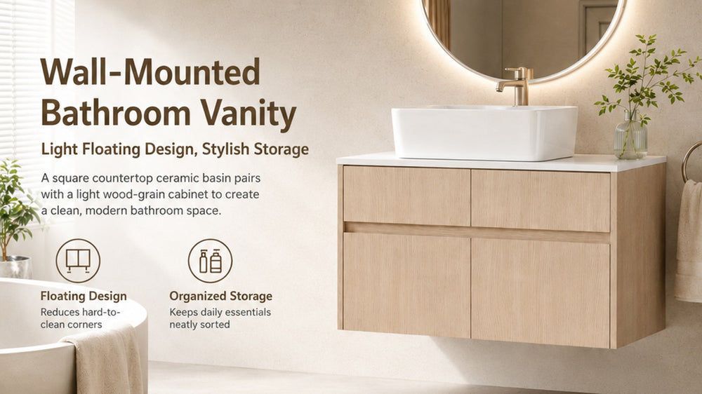 English Elm 32 Inch Floating Bathroom Vanity with Hand-Painted Ceramic Basin and Soft Close Storage White Oak W999S00453