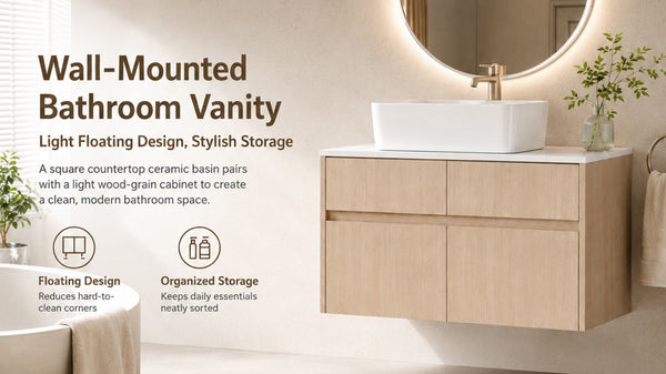 English Elm 32 Inch Floating Bathroom Vanity with Hand-Painted Ceramic Basin and Soft Close Storage White Oak W999S00453