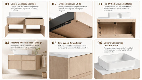 English Elm 32 Inch Floating Bathroom Vanity with Hand-Painted Ceramic Basin and Soft Close Storage White Oak W999S00453