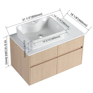 English Elm 32 Inch Floating Bathroom Vanity with Hand-Painted Ceramic Basin and Soft Close Storage White Oak W999S00453
