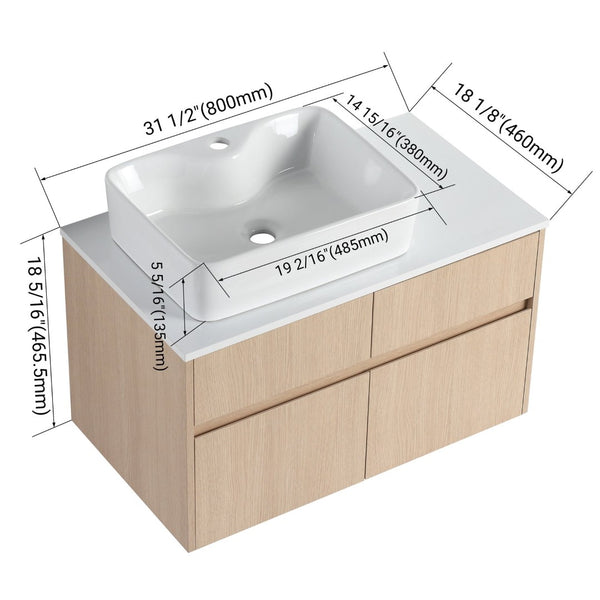 English Elm 32 Inch Floating Bathroom Vanity with Hand-Painted Ceramic Basin and Soft Close Storage White Oak W999S00453