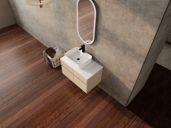 English Elm 32 Inch Floating Bathroom Vanity with Hand-Painted Ceramic Basin and Soft Close Storage White Oak W999S00453
