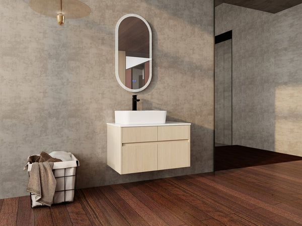 English Elm 32 Inch Floating Bathroom Vanity with Hand-Painted Ceramic Basin and Soft Close Storage White Oak W999S00453