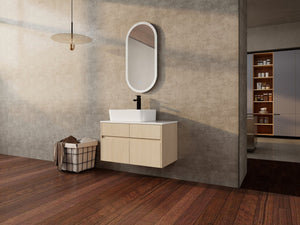 English Elm 32 Inch Floating Bathroom Vanity with Hand-Painted Ceramic Basin and Soft Close Storage White Oak W999S00453