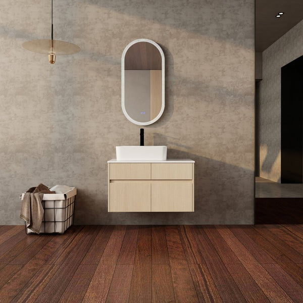 English Elm 32 Inch Floating Bathroom Vanity with Hand-Painted Ceramic Basin and Soft Close Storage White Oak W999S00453