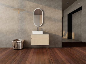 English Elm 32 Inch Floating Bathroom Vanity with Hand-Painted Ceramic Basin and Soft Close Storage White Oak W999S00453