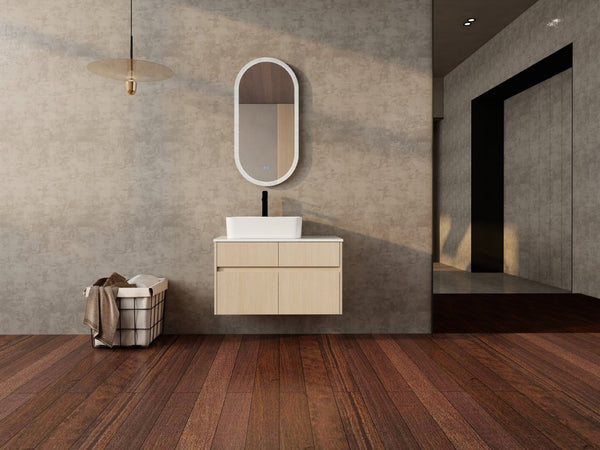 English Elm 32 Inch Floating Bathroom Vanity with Hand-Painted Ceramic Basin and Soft Close Storage White Oak W999S00453
