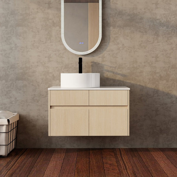 English Elm 32 Inch Floating Bathroom Vanity with Ceramic Basin Soft Close Doors Wood Grain W999S00454