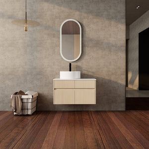 English Elm 32 Inch Floating Bathroom Vanity with Ceramic Basin Soft Close Doors Wood Grain W999S00454