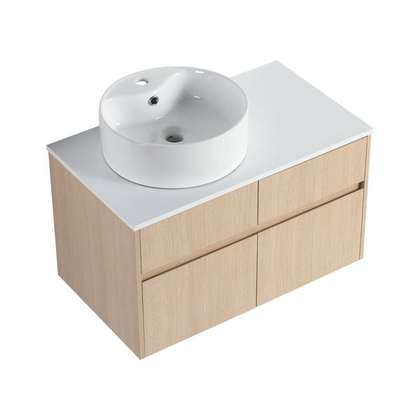English Elm 32 Inch Floating Bathroom Vanity with Ceramic Basin Soft Close Doors Wood Grain W999S00454