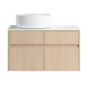 English Elm 32 Inch Floating Bathroom Vanity with Ceramic Basin Soft Close Doors Wood Grain W999S00454