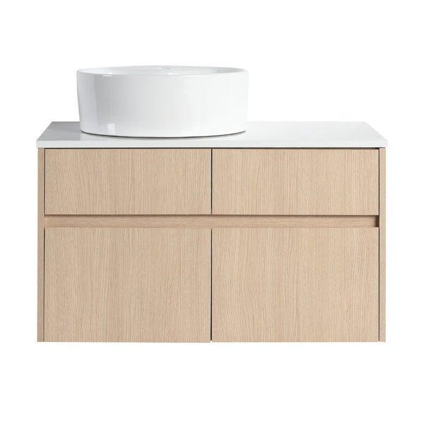 English Elm 32 Inch Floating Bathroom Vanity with Ceramic Basin Soft Close Doors Wood Grain W999S00454