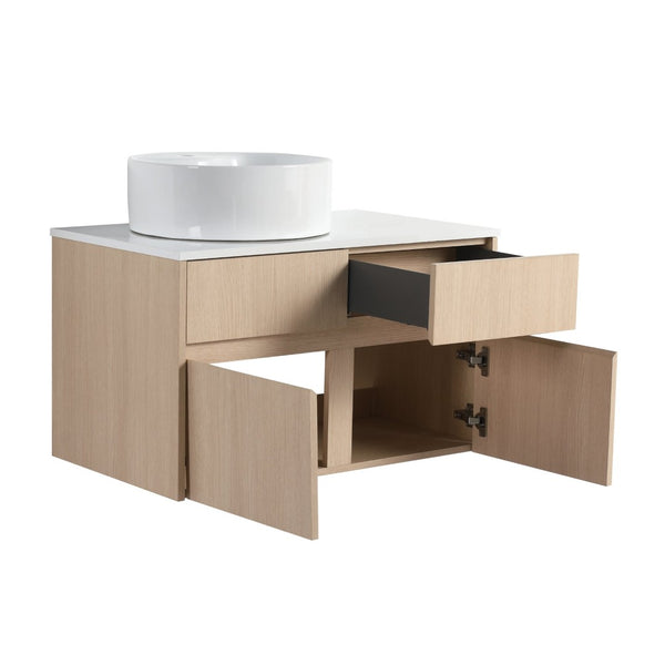 English Elm 32 Inch Floating Bathroom Vanity with Ceramic Basin Soft Close Doors Wood Grain W999S00454