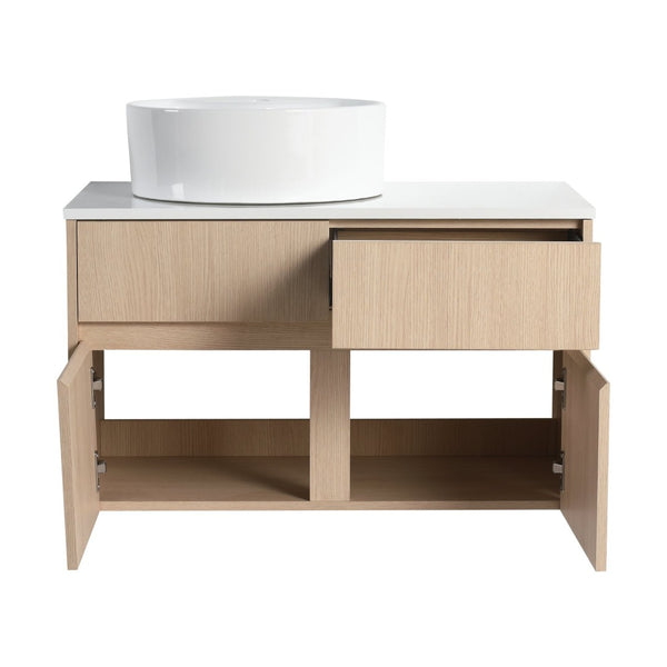 English Elm 32 Inch Floating Bathroom Vanity with Ceramic Basin Soft Close Doors Wood Grain W999S00454