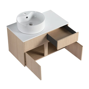 English Elm 32 Inch Floating Bathroom Vanity with Ceramic Basin Soft Close Doors Wood Grain W999S00454