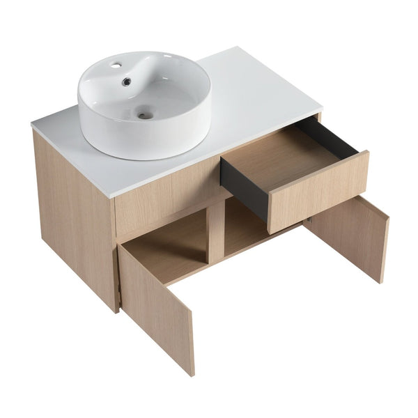 English Elm 32 Inch Floating Bathroom Vanity with Ceramic Basin Soft Close Doors Wood Grain W999S00454