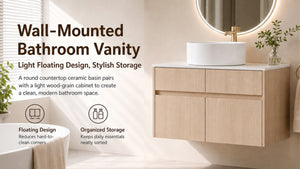 English Elm 32 Inch Floating Bathroom Vanity with Ceramic Basin Soft Close Doors Wood Grain W999S00454