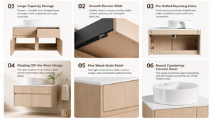 English Elm 32 Inch Floating Bathroom Vanity with Ceramic Basin Soft Close Doors Wood Grain W999S00454