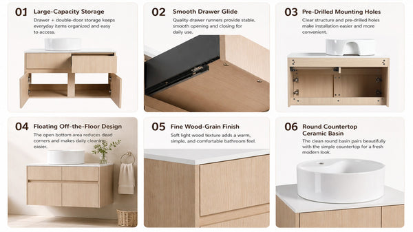 English Elm 32 Inch Floating Bathroom Vanity with Ceramic Basin Soft Close Doors Wood Grain W999S00454