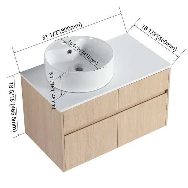 English Elm 32 Inch Floating Bathroom Vanity with Ceramic Basin Soft Close Doors Wood Grain W999S00454