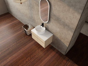 English Elm 32 Inch Floating Bathroom Vanity with Ceramic Basin Soft Close Doors Wood Grain W999S00454